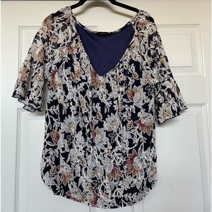 Navy floral blouson top, peasant style size PL